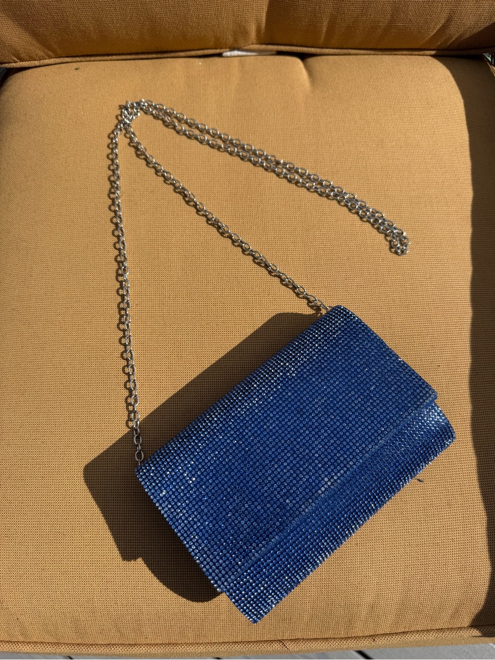 Jessica McClintock Blue Crystal Evening Crossbody Bag with Silver Chain